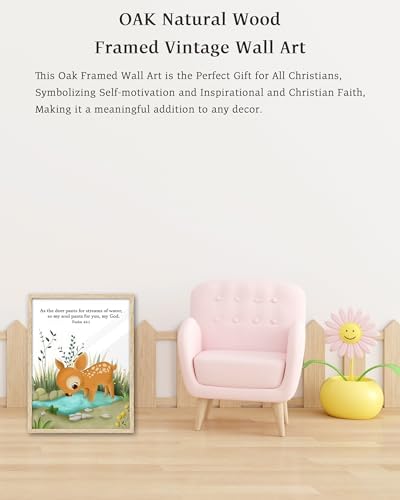 KensTro 12x16 Oak Framed Psalm 42:1 Deer Christian Wall Art | Natural Oak Wood Frame with Psalm 42:1 Deer and Stream Scripture Art for Bedroom, Office, Hallway or Prayer Space