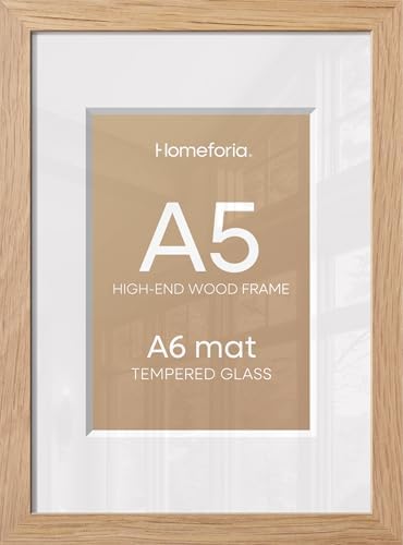 Homeforia A5 Natural Oak Picture Frame, High-End Wood, A6 Mat, Glass