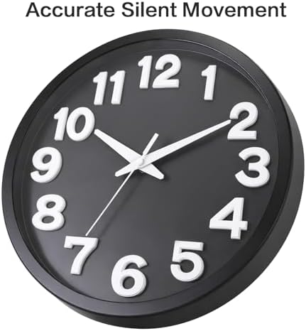 Caysie 12 Inch Large 3D Numbers Silent Non Ticking Wall Clock, Modern Quartz Battery Operated Round Clock, Decorative for Kitchen, Bedroom, Living Room, Office (Black)