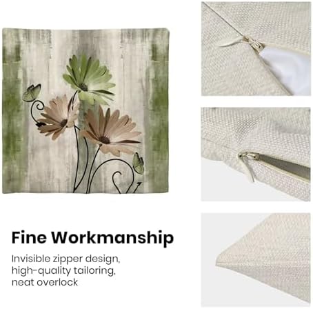 Sage Green Brown Floral Pillow Covers 18 x 18 Inch Set of 2 Daisy Floral Butterfly Decorative Throw Pillow Covers Linen Rustic Farmhouse Cushion Cases for Home Sofa Couch Living Room Decor