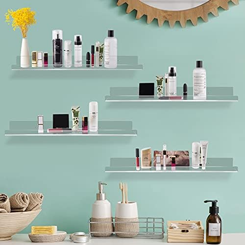 Jansburg 24 Inch Clear Floating Shelves 4 Pack Acrylic Shelves Invisible Floating Wall Ledge Bookshelf 5MM Thick Book Display Shelves Wall Mounted Bathroom Kitchen Organizer