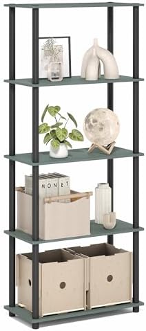 Furinno Turn-N-Tube Storage Shelves, 5-Tier Book Shelf, Corner Shelf, Toolless Open Shelves, for Organization and Storage, Living Room, Garage, Home Office, Sage Green
