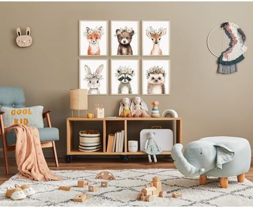 Woodland Animal Nursery Wall Art Decor Baby Girl Room Pictures Floral Crown Animal Canvas Wall Art Decor Safari Bear Fox Poster Floral Nursery Prints Artwork for Kids Bedroom 12x16x6 Inch Unframed