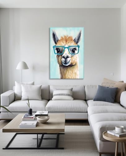 Alpaca Canvas Wall Art Nursery Wall Decor Funny Animals Wearing Glasses Pictures Prints Cute Camel Painting Framed Artwork for Living Room Bedroom Bathroom Home Decoration - 16.00"x24.00"