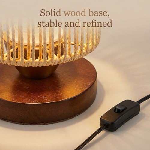 Small Rattan Table Lamp for Bedroom, Boho Bedside Lamp with Warm LED Bulb, Handwoven Wicker Nightstand Lamp for Nursery, Entryway & Dorm, Mini Ambient Night Light with Wood Base (8.6" Tall)