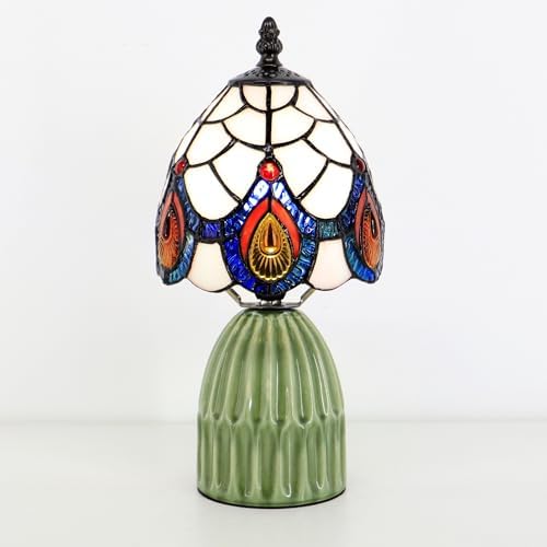 Tiffany Stained Glass Mushroom Table Lamp 12.5 Inch -Pink Peacock