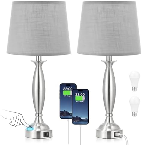 Bedroom Lamps for Nightstand, 3 Way Dimmable Silver Bedside Lamps with USB