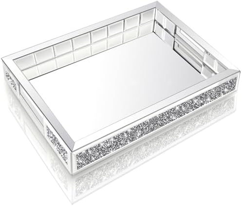 Wocred Mirror Jewelry Organizer Upgrades fits Dresser Bedroom,Crushed Diamond of Each Side Bathroom Tray with Handles,Decorative Serving Tray for Coffee Table Decor(11'x15'x2')