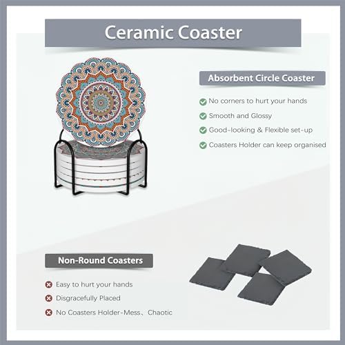 Drink Coasters Set of 6 with Holder,Mandala Boho Flower Absorbent Ceramic Coasters with Cork Base,Fit All Cups,Tabletop Protection Mat for Mugs and Cups,Office,Kitchen