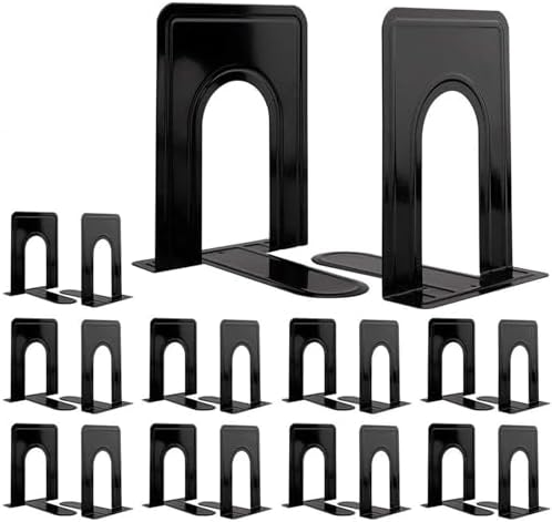 Metal Bookends 20 Pack Black Heavy Duty Nonskid Supports 6.6in | Black Metal, 10 Pairs, Plain L-Shape Design, Nonskid Supports, for Heavy Books Home Office School and Library Shelves