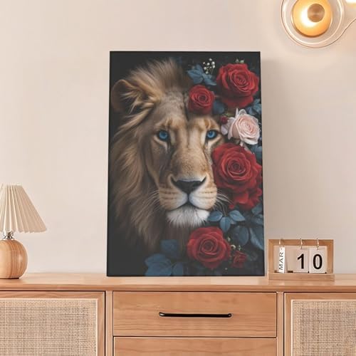 Crekviy Lion Wall Art Lion Pictures Wall Decor Red Rose Canvas Prints Painting Artwork Decoration for Office Bathroom Bedroom Living Room Framed Gifts 16"x24"