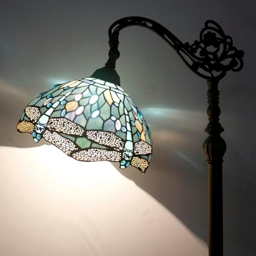 WERFACTORY Tiffany Style Reading Floor Lamp Sea Blue Stained Glass with Crystal Bead Dragonfly Lampshade in 64 Inch Tall Antique Arched Base for Bedroom Living Room Lighting S147 (No Bulb)