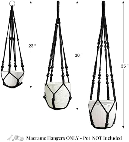 LEWESU 3 Pack Macrame Plant Hanger Indoor 3 Different Sizes Hanging Planter Basket Flower Pot Holder with Wood Beads & No Tassels for Boho Home Decor, 23, 30, 35 Inch, Black (Pot Not Included)