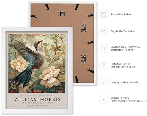 Poster Master William Morris Poster - Hummingbird Print - Bird Art - Botanical Art - Flower Design - Exhibition Artwork - Animal Illustration - Floral Illustration - Aesthetic Office or Bedroom Decor - 11x14 White Framed