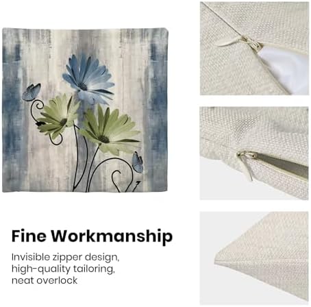 Sage Green Blue Floral Pillow Covers 18 x 18 Inch Set of 2 Daisy Floral Butterfly Decorative Throw Pillow Covers Linen Rustic Farmhouse Cushion Cases for Home Sofa Couch Living Room Decor