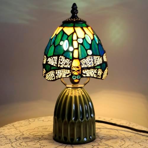 Stained Glass Mushroom Table Lamp 12.5 Inch -Yellow Dragonfly Style