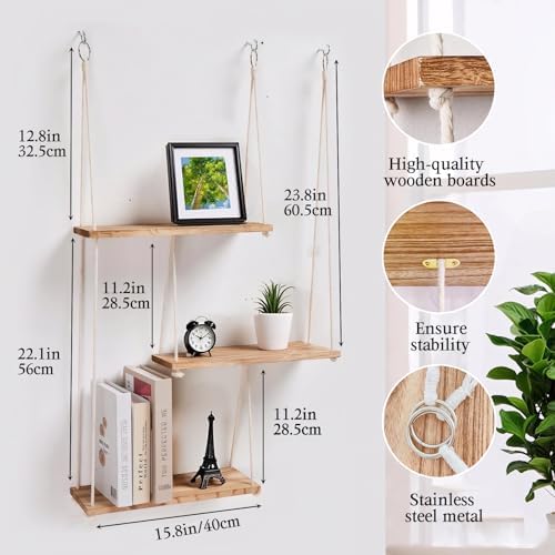 3-Tier Boho Hanging Shelves for Wall - Rustic Floating Wood Shelves with Rope, Macrame Plant Shelf Organizer for Home Decor - Farmhouse, Bohemian Style for Bedroom