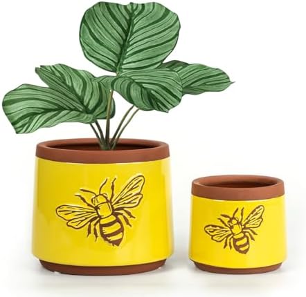 YBX Terracotta Pots Inch with Drainage Holes, Bee Decor, Ceramic Pots for Indoor Plants Flower Pots Outdoor, Succulent, Herbs, Snake Plants (Yellow, 6+4 Inch)