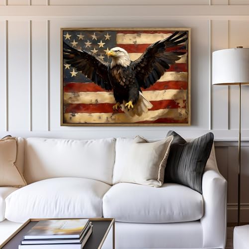 American Flag Framed Canvas Wall Art, 4th of July Patriotic Canvas Prints | USA Flag with Bald Eagle Poster Print, Vintage Independence Day Wall Decor for Bedroom Living Room 24×36in