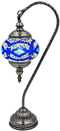 SILVERFEVER Handcrafted Mosaic Turkish Silver Fever Handcrafted Mosaic Turkish Lamp Moroccan Glass Table Desk Bedside Light Bronze Base with E12 Bulb(Blue Wave Lattern)
