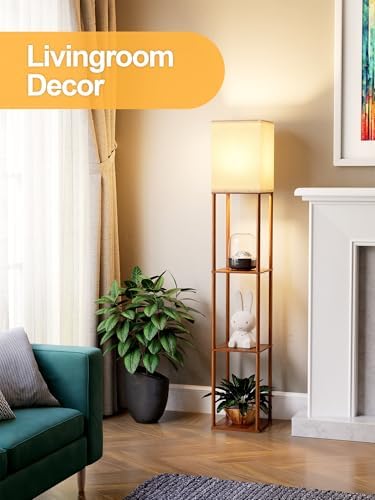 Floor Lamp with Shelves for Living Room Walnut Brown, Shelf Floor Lamp with 3 CCT LED Bulb, Corner Display Standing Column Lamp Etagere Organizer Tower Nightstand with White Linen Shade for Bedroom