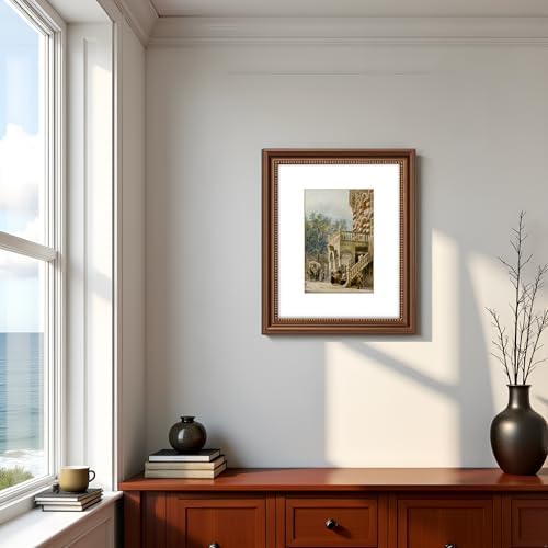 8x10 in Wood Classic Gallery Picture Frame Set, Ornate Beaded Inner, Matted for 5x7 Photo, Multiple Way Display, Brushed Antique Brass