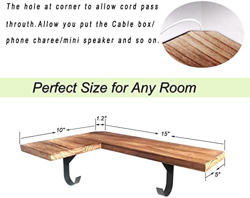 HAO Floating Corner Wall Shelves Rustic Wood Mounted Shelving L Shape Shelf with Cable Wire Hole Pattern for Bedroom Living Room Bathroom Carbonized Black 16 Inch Set of 2