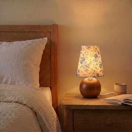 Vintage Wooden Night Lamp, Wood Base Fabric Lampshade, Adjustable Light Color and Brightness with Power-Off Memory, Safe USB Powered, Retro LED Table Light for Bedroom Living Room Office (BlueFlowers)