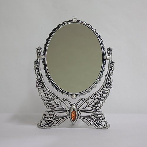 SEHAMANO Vintage Antique Butterfly Patterned Metal Frame Makeup Table Mirror, Decorative Oval Shaped Stand Mirror, Vanity Cosmetic Double Sided Rotatable Ellipse Mirror (Tin (Matt Grey), Medium)