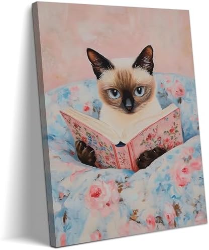 Framed Cat Reading Book Canvas Wall Art, Cute Pink Siamese Cat Wall Decor Print Painting, Funny Animal Lovers Picture for Bedroom Living Room Kids Room Girls Room Home Decor 16x24 Inch