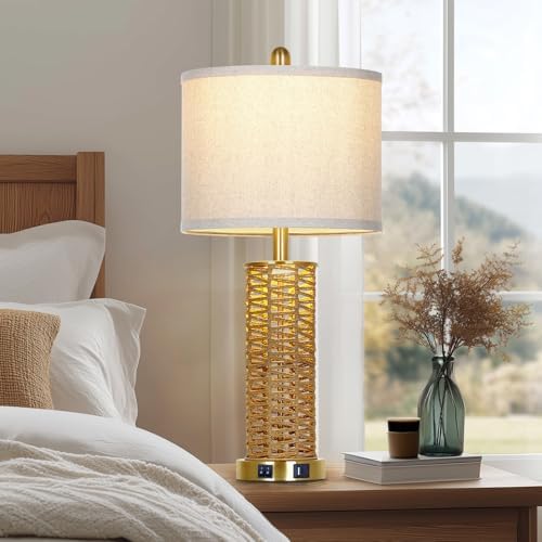 CINSARY 27" Natural Rattan Table Lamps Set of 2, Boho Bedside Lamp for Bedroom with Night Light, Woven Wicker Nightstand Lamps with 2 USB Ports & AC Outlet, Tall Farmhouse Living Room Lamp, Gold