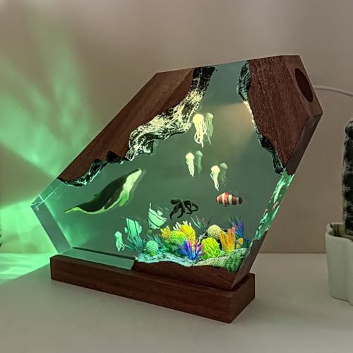 Handmade Blue Whale Resin Lamp with Wood Base