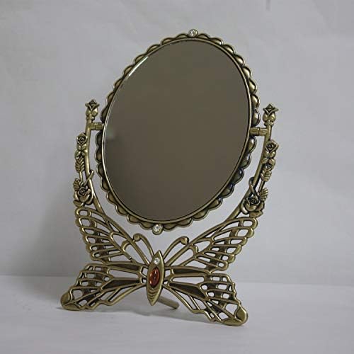 SEHAMANO Vintage Antique Butterfly Patterned Metal Frame Makeup Table Mirror, Decorative Oval Shaped Stand, Vanity Cosmetic Double Sided Rotatable Ellipse Mirror (Brass (Matt Gold), Large)