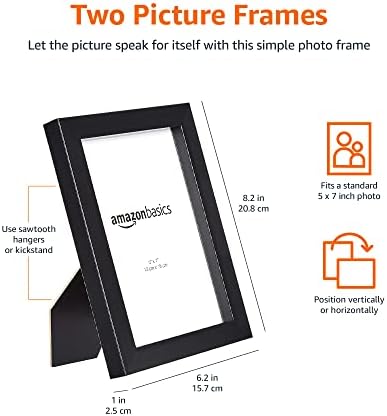 Amazon Basics Rectangular Picture Frame Set, 5" x 7", Wall Hanging or Tabletop Display, Real Glass, Horizontal or Vertical, Black, 2-Pack