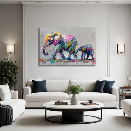 Elephant Canvas Wall Art Elephant with Cub Picture Graffiti Painting Animal Prints Gray Posters Modern Artwork for Living Room Bedroom Bathroom Home Wall Decor Framed(Elephant-15,24.00"x36.00")