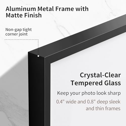 11x15 Metal Picture Frame with 8x10 Mat, Brushed Aluminum Finish, Attached Hanging Hardware, and Tempered Glass Front - Versatile Vertical or Horizontal Wall Display Frames Set of 1 - Black