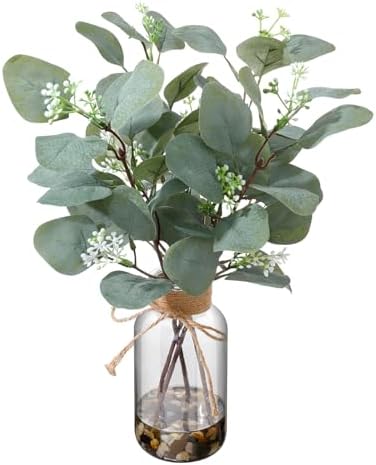 Artificial Eucalyptus Stems in Glass Vase, 15.74 in Greenery