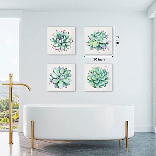 Succulent Wall Decor for Bathroom Mint Green Cactus Wall Art for Living Room Kitchen Accessories Nature Plant Wall Decor Tropical Botanical Leaf Canvas Pictures Bedroom Home Decorations 12x12" 4 Pcs