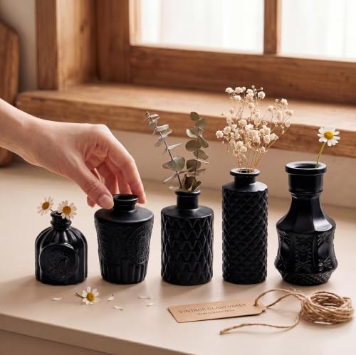 Black Glass Bud Vase Set of 24 Pcs,Small Bud Vases in Bulk,Glass Crystal Flower Vases Table Centerpieces for Party Event Wedding Decor Baby Shower Decorations (Classic Black, 24 Pcs)