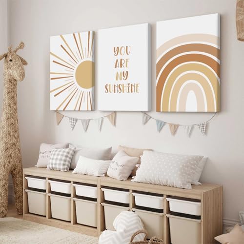 Baccone Boho Nursery Wall Art Baby Girl Wall Decor Kids Rainbow Canvas Wall Art You Are My Sunshine Pictures Toddler Sun Prints Nursery Artwork for Room Bedroom Set of 3 16x24 Inch Wrapped Canvas