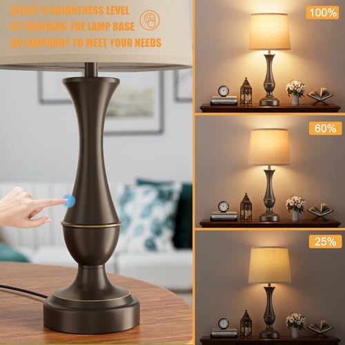 Touch Lamps for Nightstand, 3 Way Dimmable Lamps for Bedroom with USB C+A