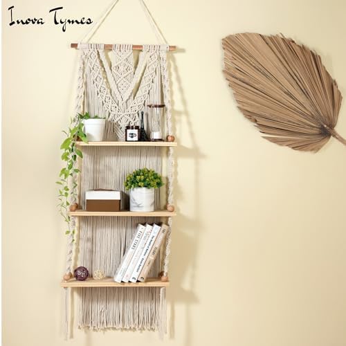 Macrame Wall Hanging Shelf 3 Tier - Boho Bedroom Decor | Macrame Wall Decor | Boho Shelf Decor, Hanging Shelves for Wall, Woven Rope Floating Wood Shelves & Storage for Small Plants