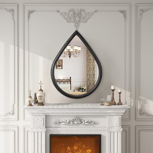 Wood Frame Mirror Black Teardrop Wall Mirror Farmhouse Rustic Decorative Irregular Wall Mirrors for Bathroom Living Room Vanity Entry Hall 16x20 Inch