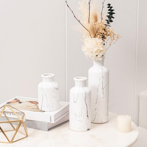 White Marble Look Vase Set of 3, Modern Ceramic Flower Vase for Home Decor, Decorative Vase for Table Entryway Mantel Centerpiece Living Room Bathroom Bedroom (White Gray Marble)