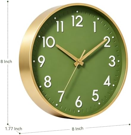 Mosewa Small 8 Inch Wall Clock Battery Operated Silent Non Ticking Analog | Olive green & gold modern clock; oversized 3D easy-read dial for kitchen, bedroom & office; 1 AA battery (not included)