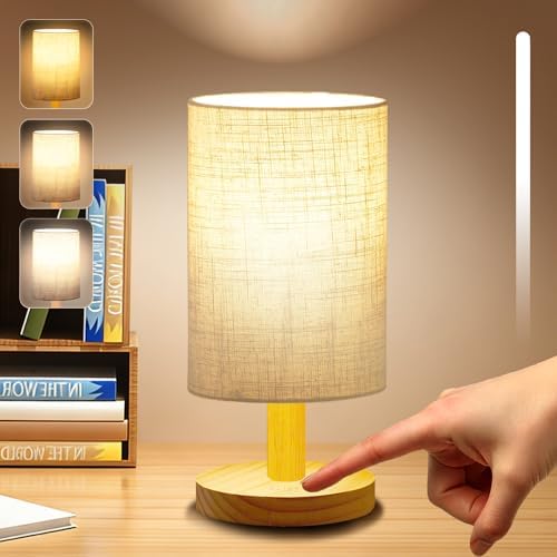 Small Touch Table Lamp for Bedroom, Portable LED Desk Lamps, 3 Color Stepless Dimming Up, Wood Base Round Flaxen Fabric Shade for Kids Room, Living Room, College Dorm, Home, Office