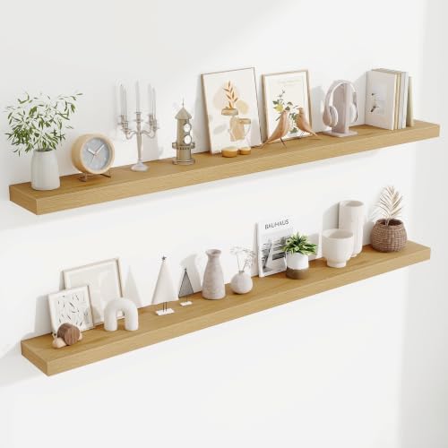 Fun Memories 67 Inch Fireplace Mantel Set of 2, Long Floating Shelf for Bedroom|Living Room, Wall Mounted Farmhouse Display with Invisible Heavy Duty Metal Bracket, Oak