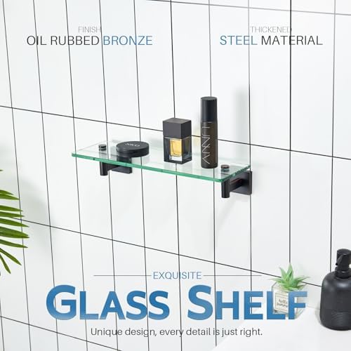 KOKOSIRI Wall Shelves Bathroom Hardware Glass Floating Shelf Small Hanging Rack Storage/Room Decor 16-Inch Oil Rubbed Bronze 2 Pack B1105ORB-L16-P2