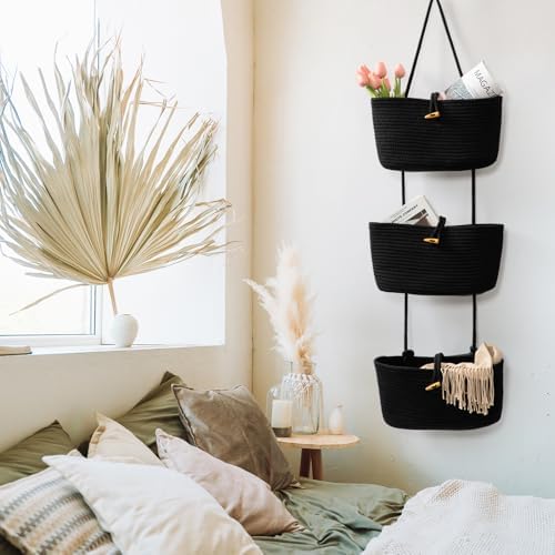 TeoKJ Over the Door Hanging Baskets with Button Strap, 3-Tier Woven Cotton Storage Organizer Bag, Wall-Mounted with Hook Decorative Hanging Nursery Baskets - Black