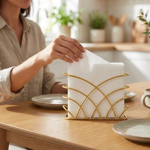 Napkin Holder for Table, Gold Iron Upright Paper Dispenser Caddy